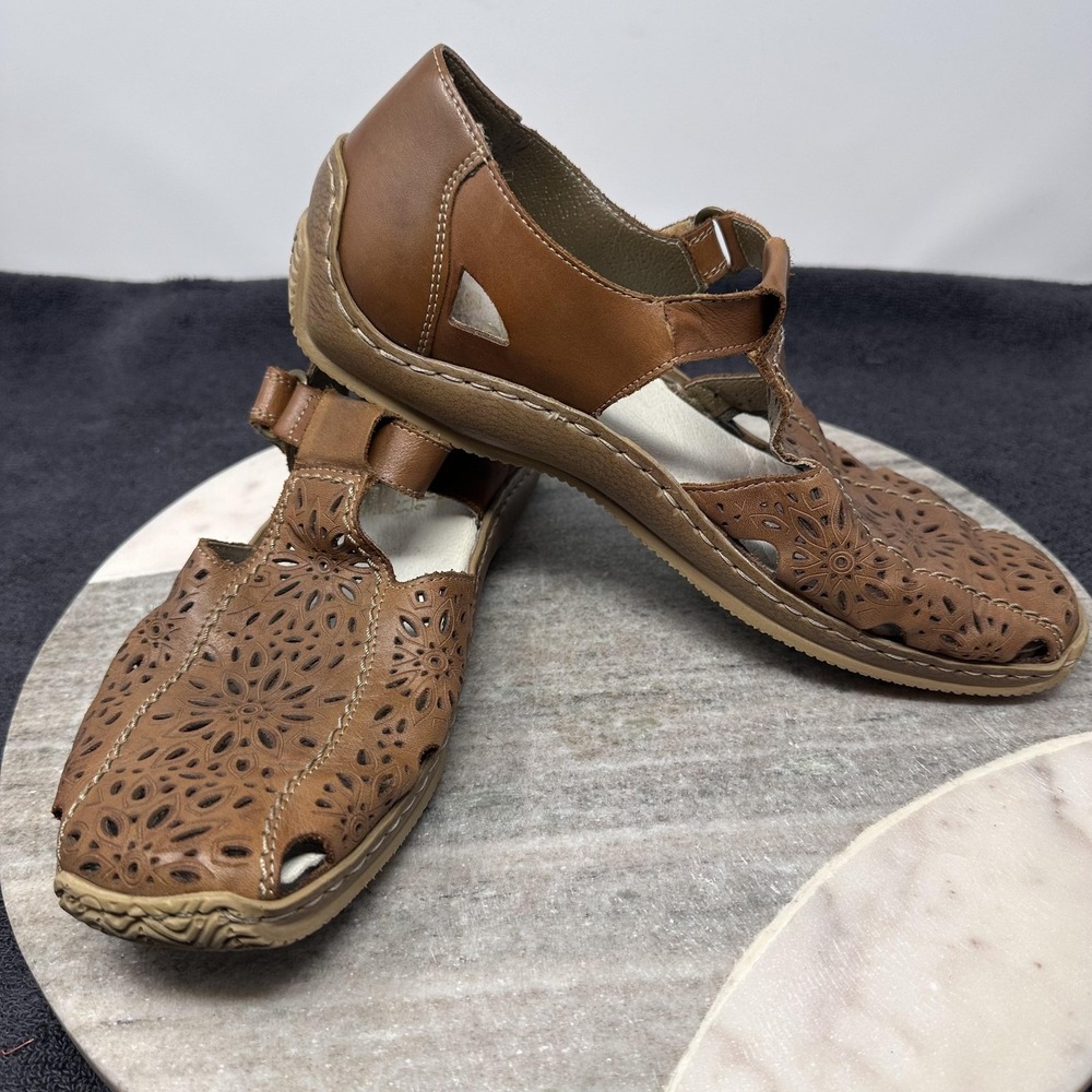 Rieker Shoes Womens Brown Leather Comfort Sandals Floral Cutout EU 40 US 9-9.5